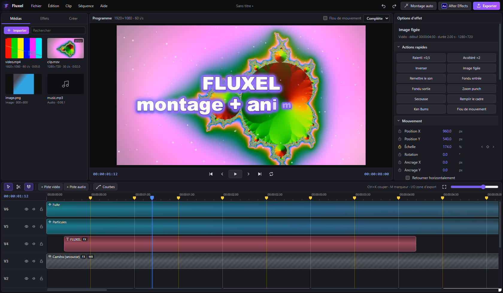 L'interface de Fluxel : médias, aperçu, réglages et timeline